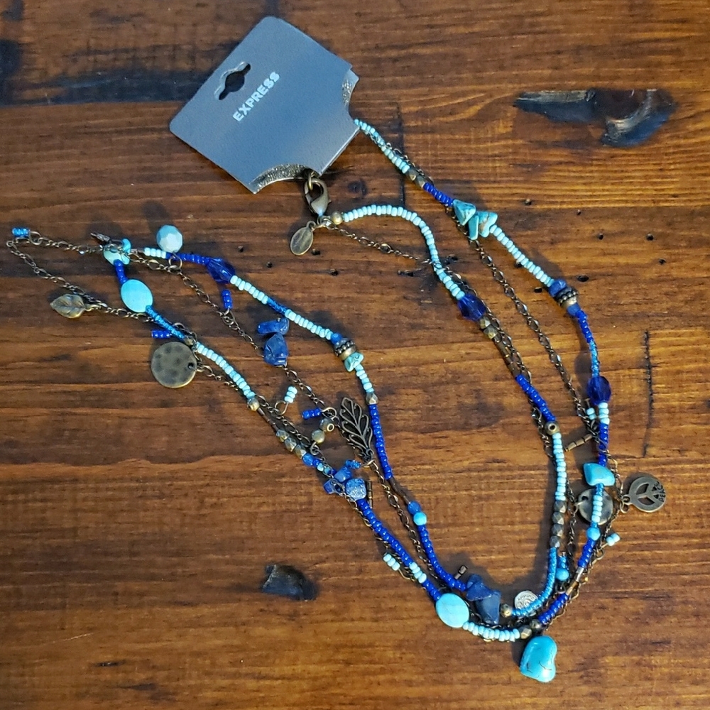Express Blue, Turquoise, and Brass Multi-Layer Necklace New